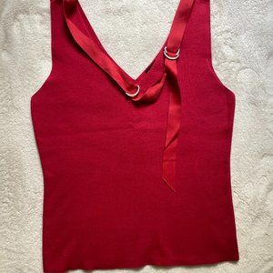 Worth Red Sleeveless Top with Ribbon Detail